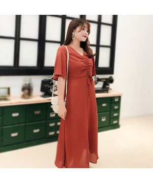  Đầm liền thân chiffon ngắn tay, cổ chữ V 2043